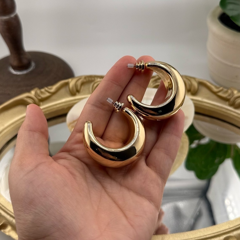 Gold Chunky Crescent Hoop Earrings – Statement Jewelry - Picture 8 of 8